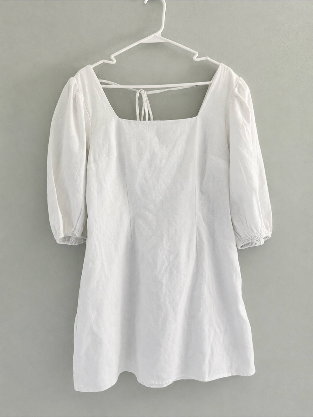 A New Day White Cotton Linen Square Neck Puff Sleeve Mini Dress M